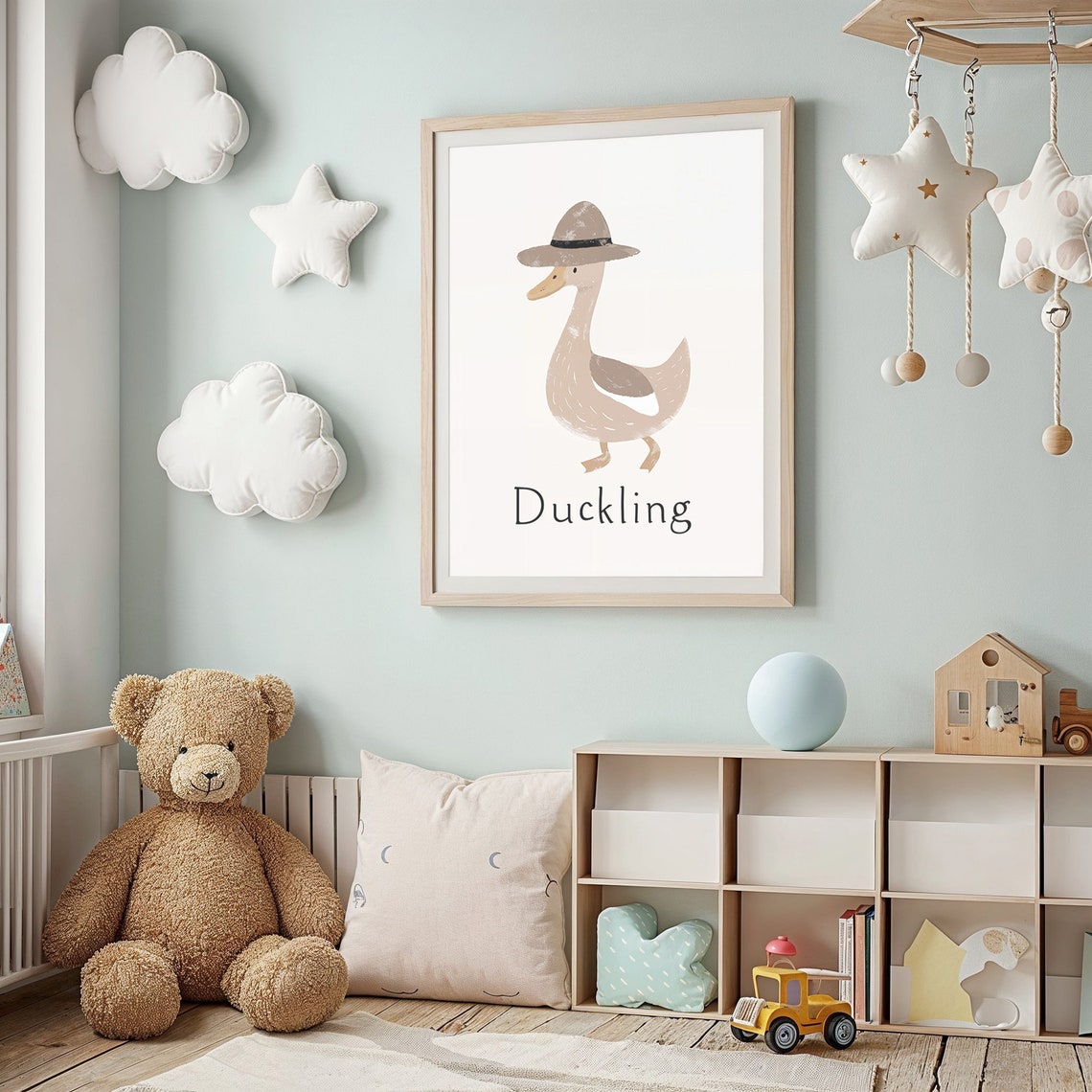 Duckling Wearing Brown Hat Neutral Tones Nursery Kids Room Art Poster - Image 2