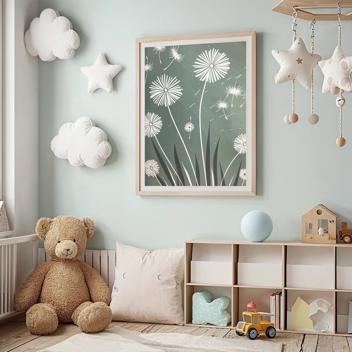Delicate White Dandelions Sage Green Botanical Wall Art Poster - Image 2