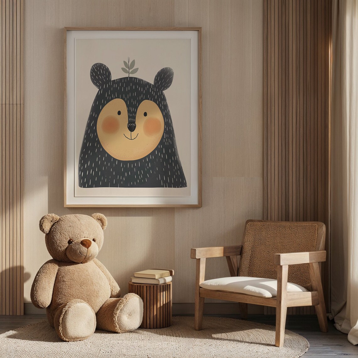 Cheerful Black Bear Cub Face Mustard Cheeks Modern Minimal Nursery Poster - Image 5
