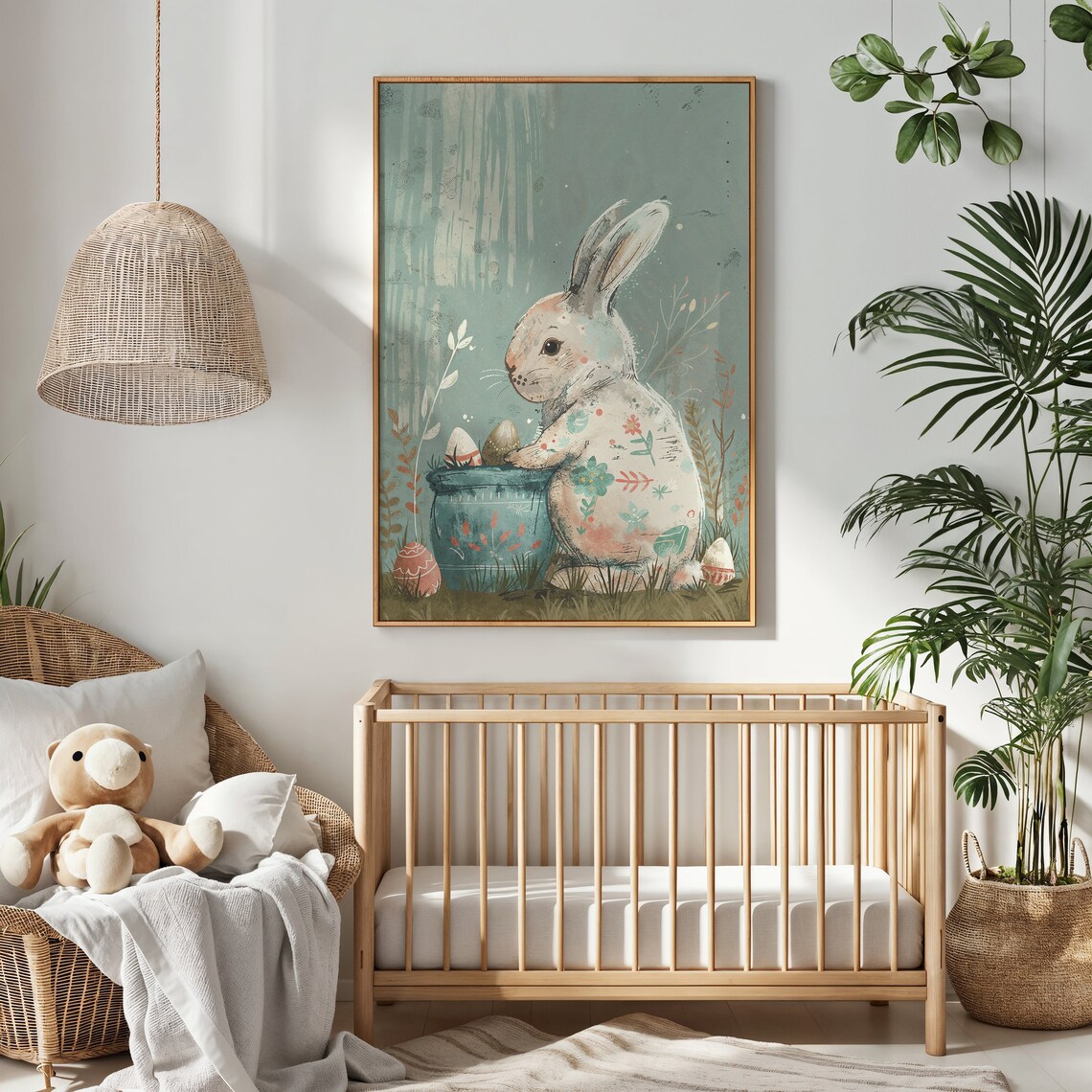 Easter Bunny Art Print, Nursery Spring Rabbit With Eggs - Image 2