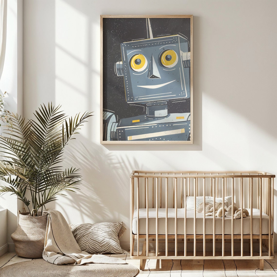 Smiling Blue Robot Starry Night Kids Space Room Wall Art Poster