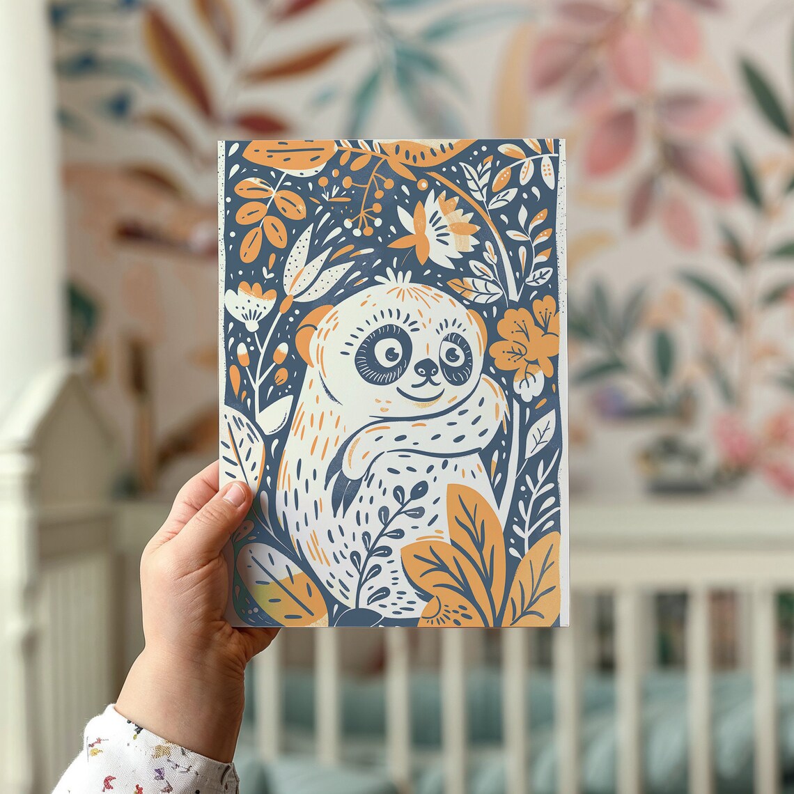 Cute Sloth Botanical Floral Illustration Orange Navy Kids Wall Art Poster - Image 2
