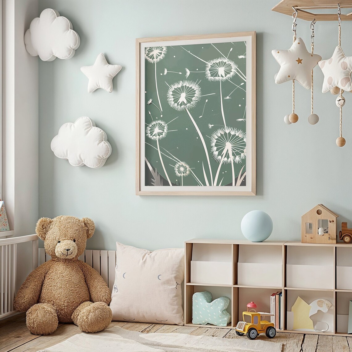 White Dandelion Silhouette Sage Green Botanical Wall Art Poster - Image 2