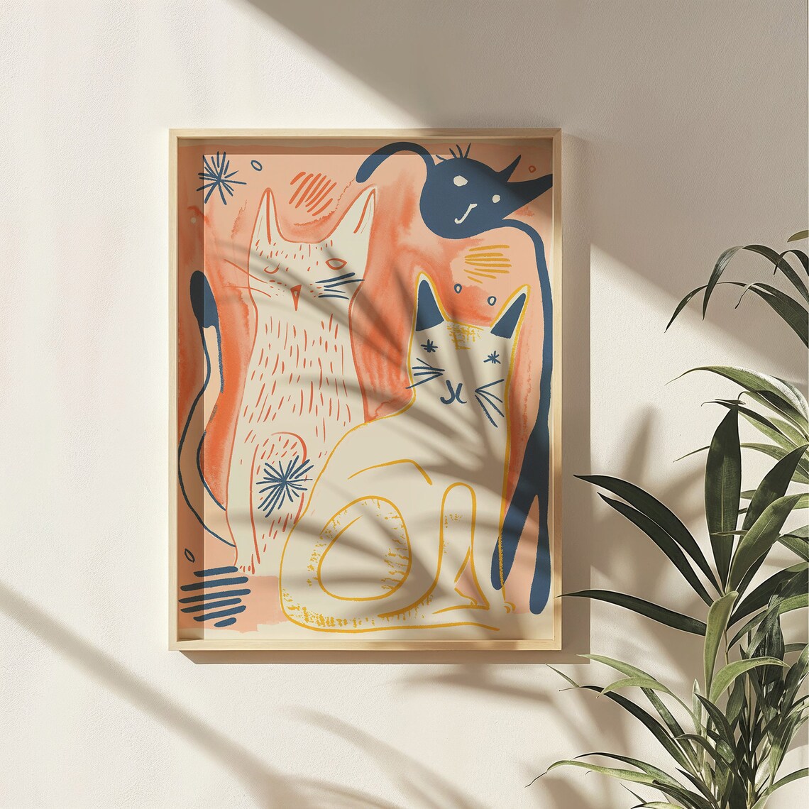 Playful Kittens Abstract Line Art Coral And Navy Modern Cat Wall Art - Image 5