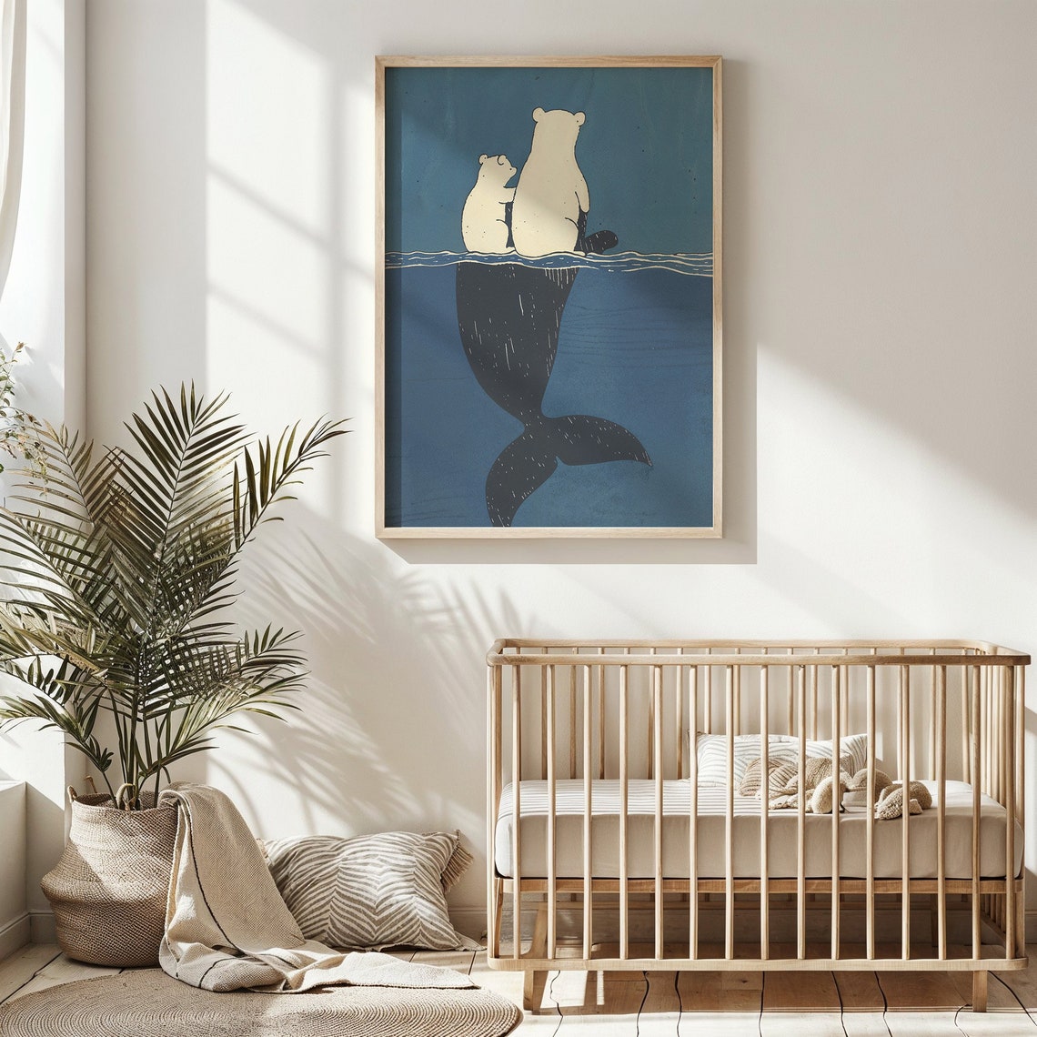 Polar Bears Riding Whale Back Deep Blue Ocean Friends Kids Poster