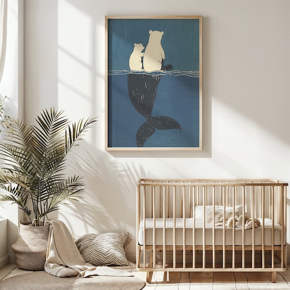 Polar Bears Riding Whale Back Deep Blue Ocean Friends Kids Poster