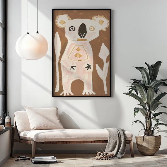 Abstract Koala Cream Pink Gold Accents Brown Background Kids Poster