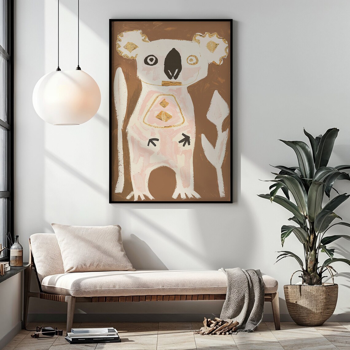 Abstract Koala Cream Pink Gold Accents Brown Background Kids Poster