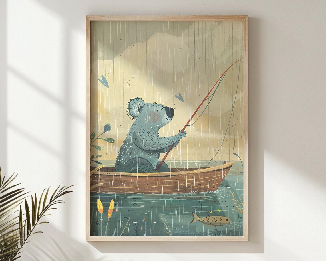 Koala Fishing From Boat Vintage Lake Illustration Kids Wall Art Poster - Image 6