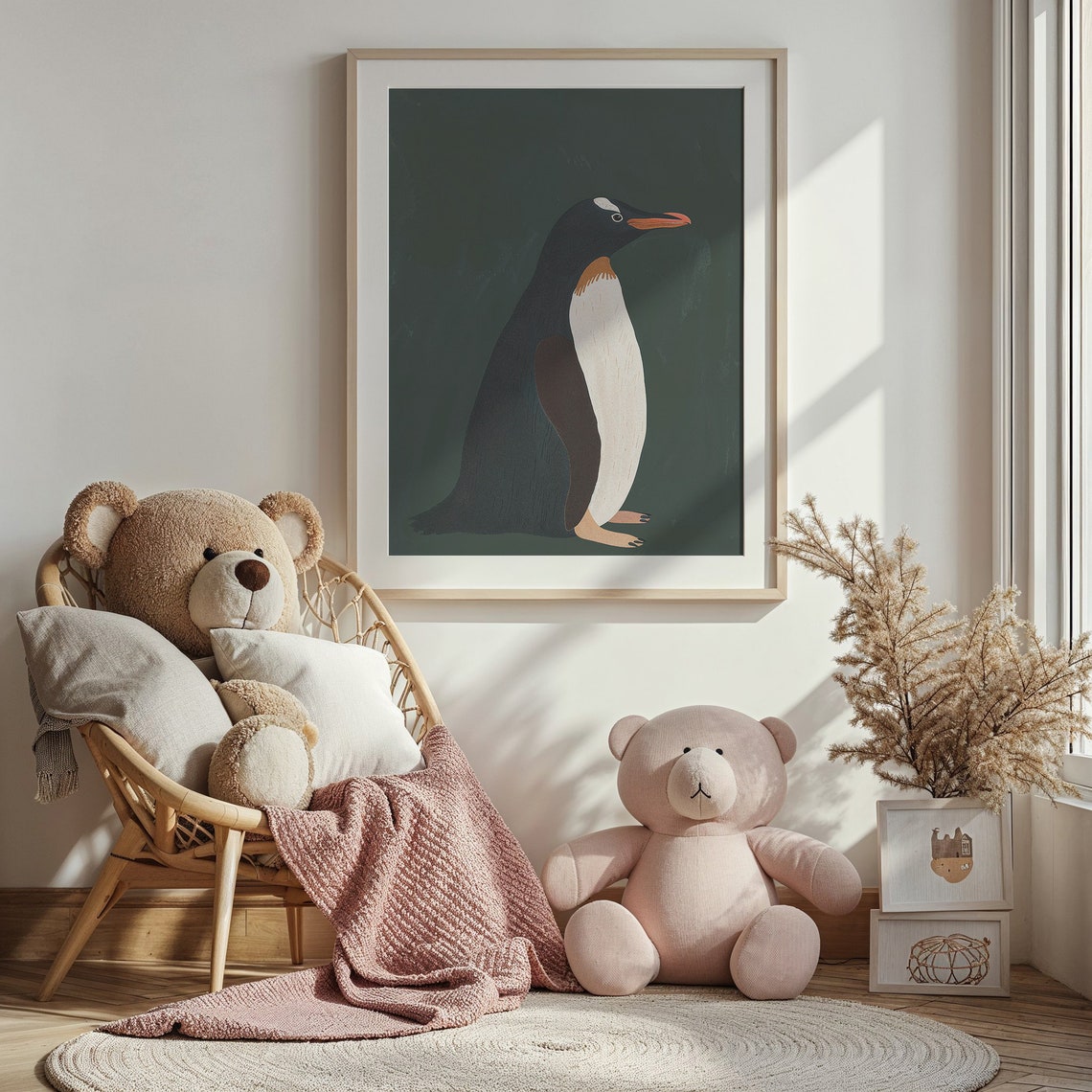Penguin With Orange Beak On Forest Green Minimalist Nursery Art Poster - Image 4