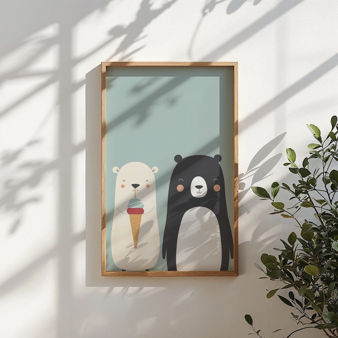 Two Bears Friends Ice Cream Cone Mint Background Kids Room Poster - Image 3