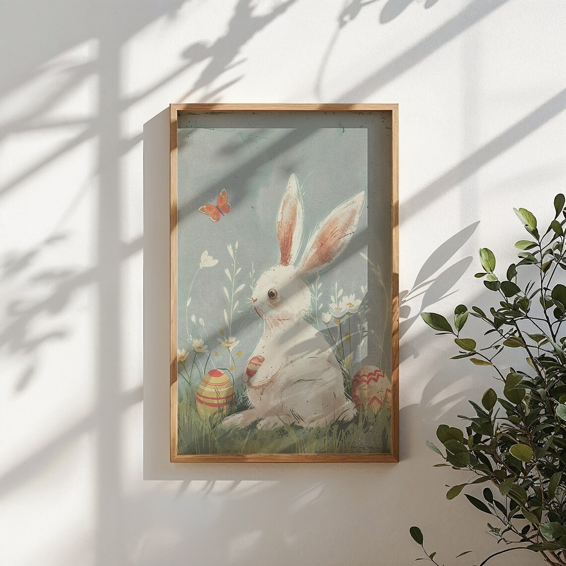 White Bunny Meadow Daisies Patterned Eggs Vintage Spring Poster - Image 6