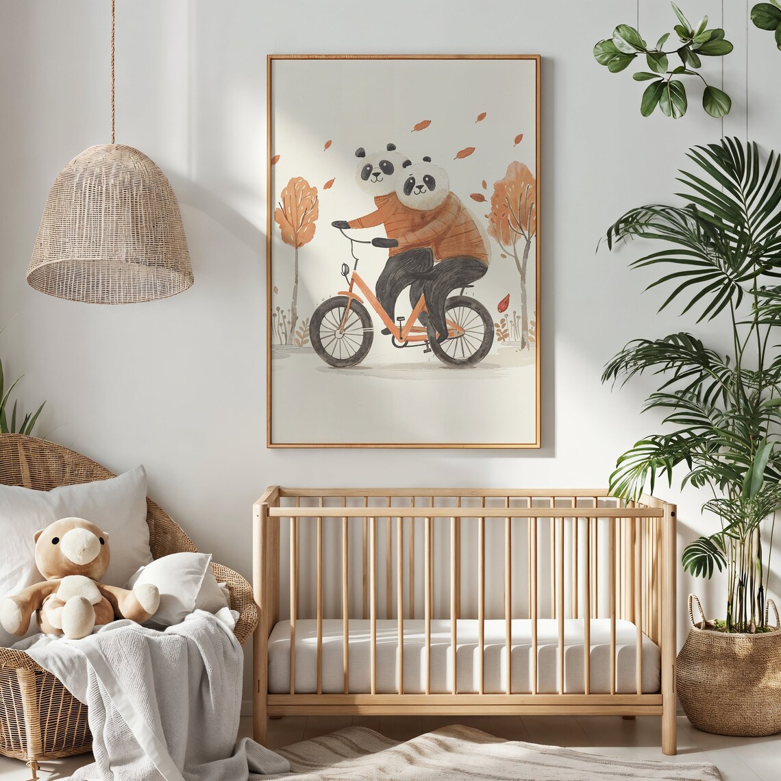 Two Pandas Riding Bicycle In Autumn Trees Watercolor Nursery Poster - Image 4