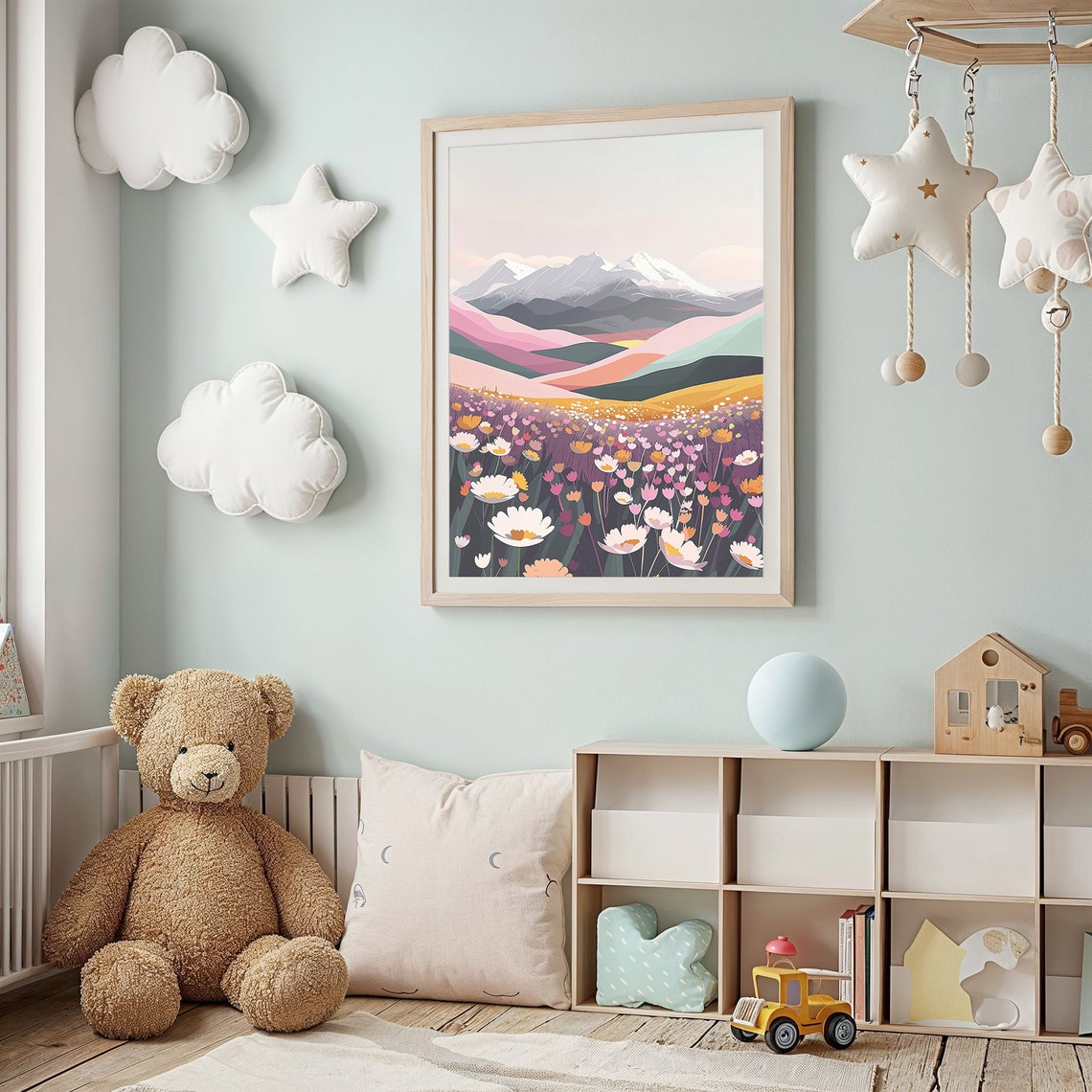 Pastel Wildflower Field Layered Mountains Landscape Art Wall Poster - Image 2
