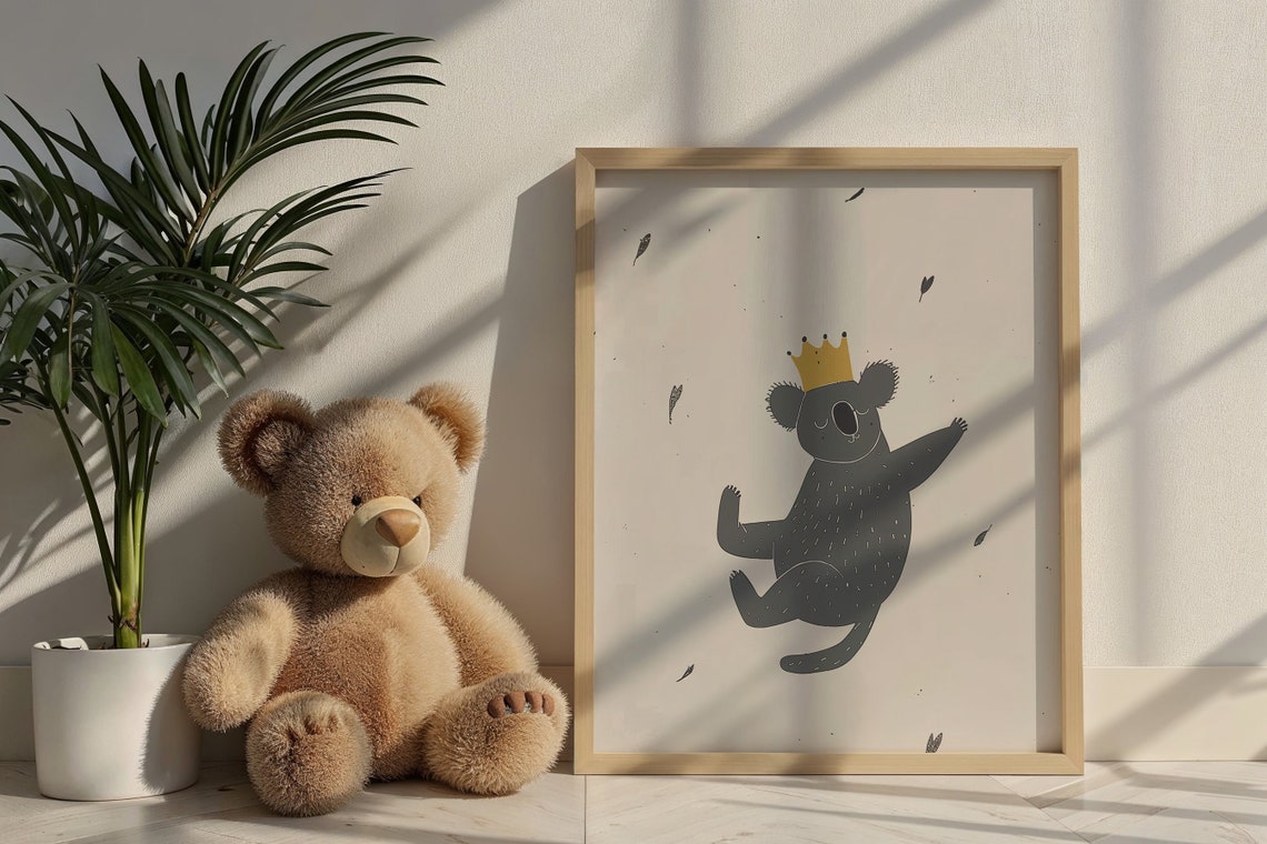 Happy Crowned Gray Koala Waving Gold Crown Minimalist Nursery Poster - Image 6
