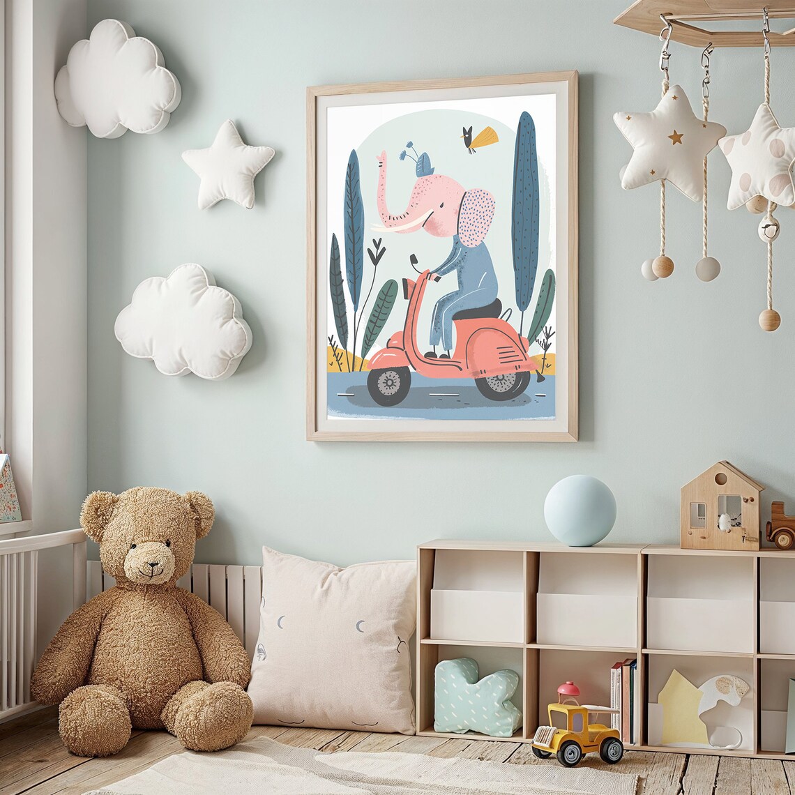 Elephant Riding Red Scooter Nursery Poster Playful Kids Bedroom Art - Image 2