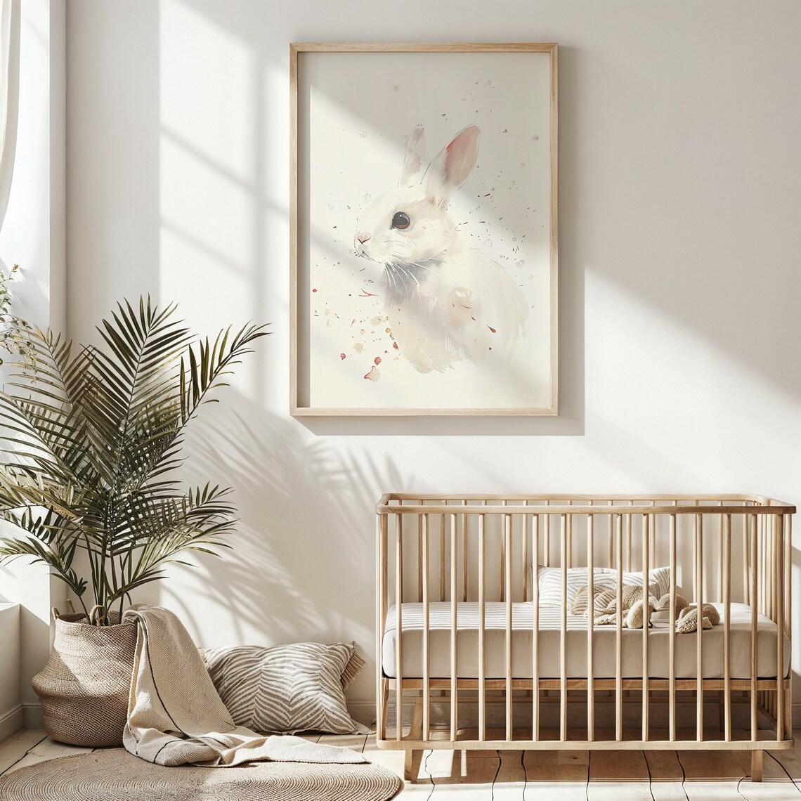 White Bunny Watercolor Portrait Minimalist Neutral Nursery Poster - Image 3