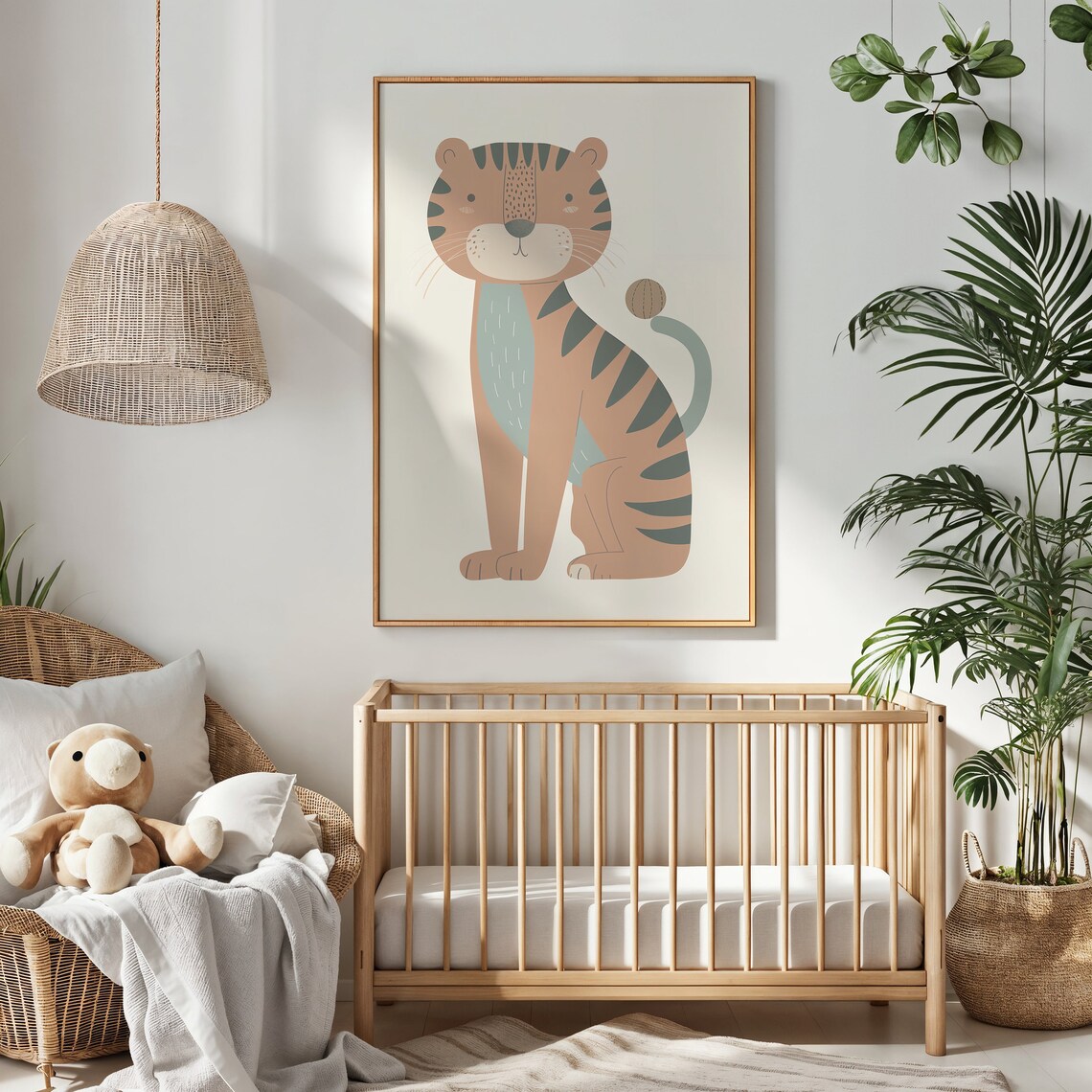 Cute Sitting Tiger Cub Sage Green Stripes Neutral Kids Wall Art Poster - Image 3