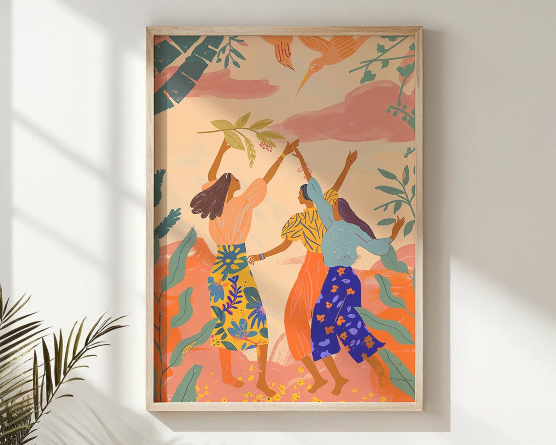 Joyful Dance Women Tropical Leaves Warm Peach Kids Wall Art Poster - Image 5