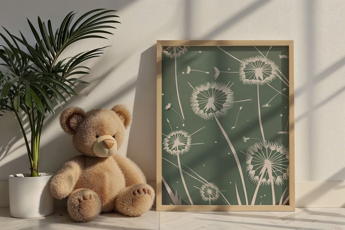 White Dandelion Silhouette Sage Green Botanical Wall Art Poster - Image 6