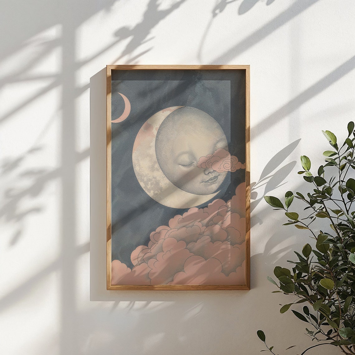 Dreamy Moon Face Resting On Crescent With Pink Clouds Night Sky Poster - Image 5