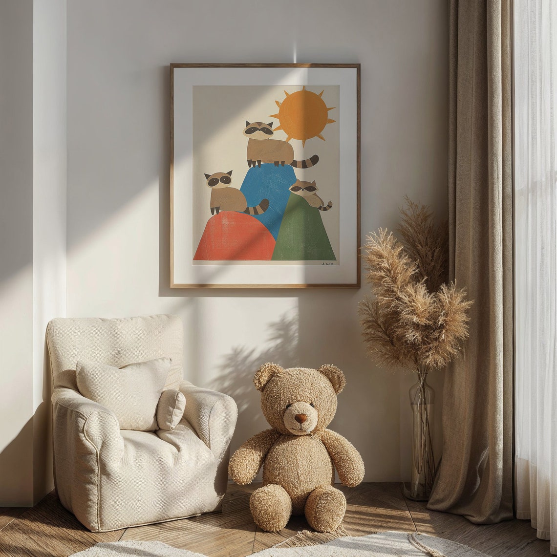 Three Raccoons On Colorful Hills Under Big Orange Sun Kids Poster - Image 4