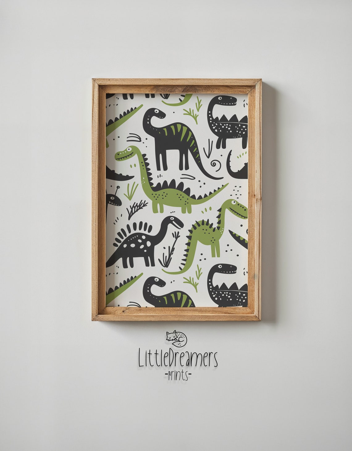 Doodle Dinosaur Pattern Green Black Long Neck Kids Room Nursery Poster