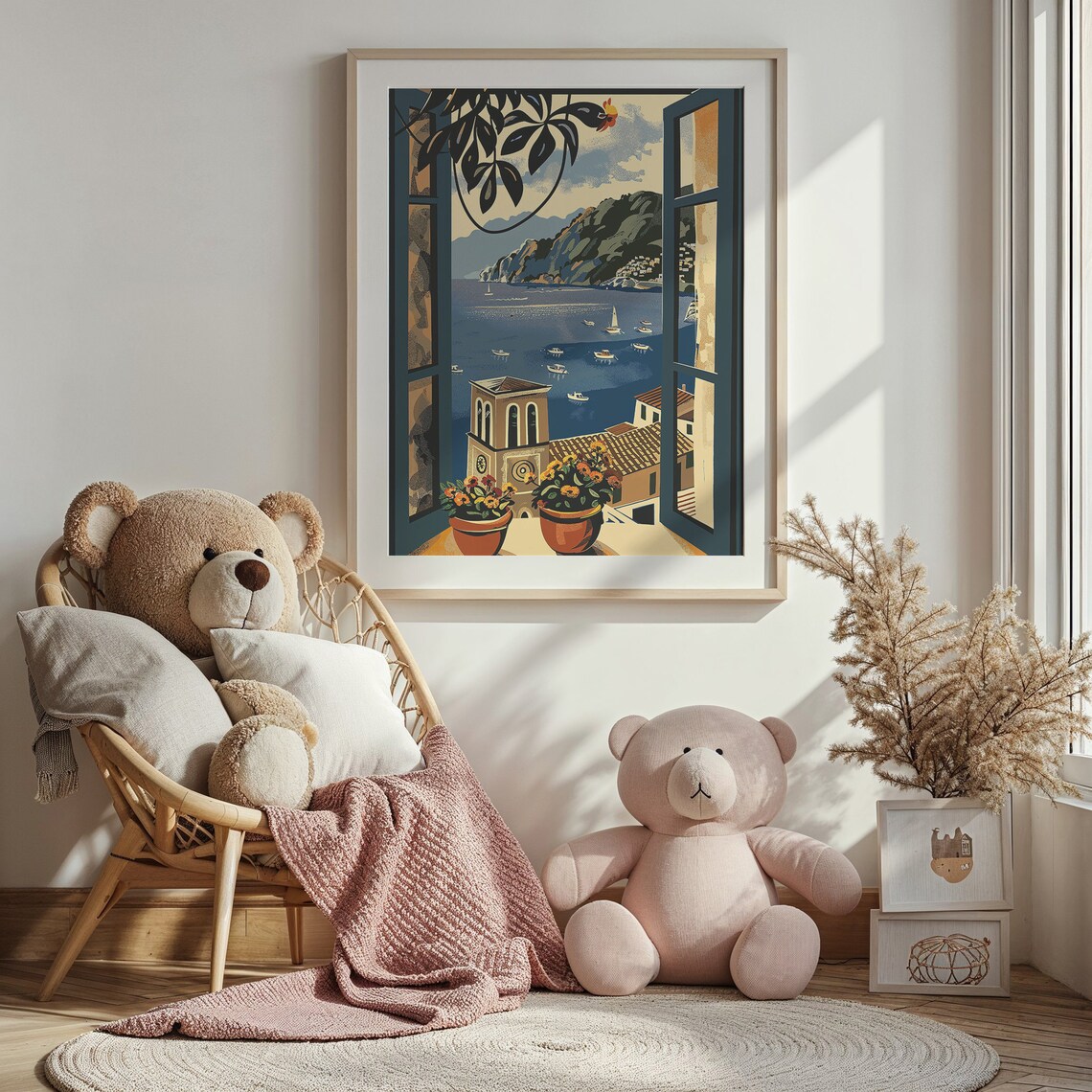 Mediterranean Harbor Bell Tower Window View Coastal Town Travel Poster - Image 3