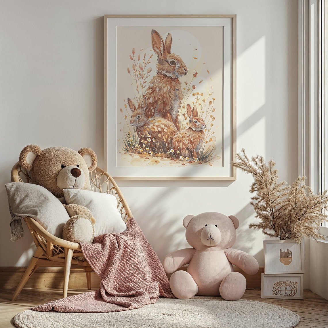 Bunny Family Watercolor Three Rabbits With Daisies Nursery Art Print - Image 3