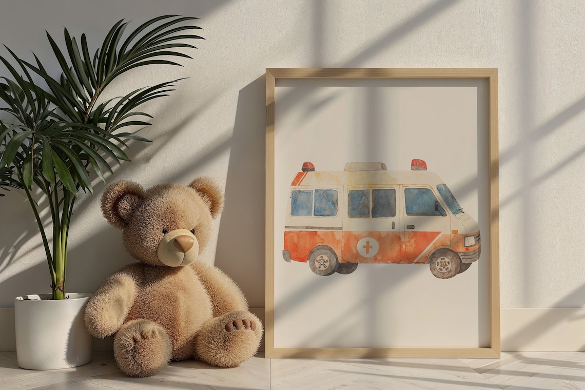 Red White Watercolor Ambulance Van Red Cross Kids Room Wall Poster - Image 6