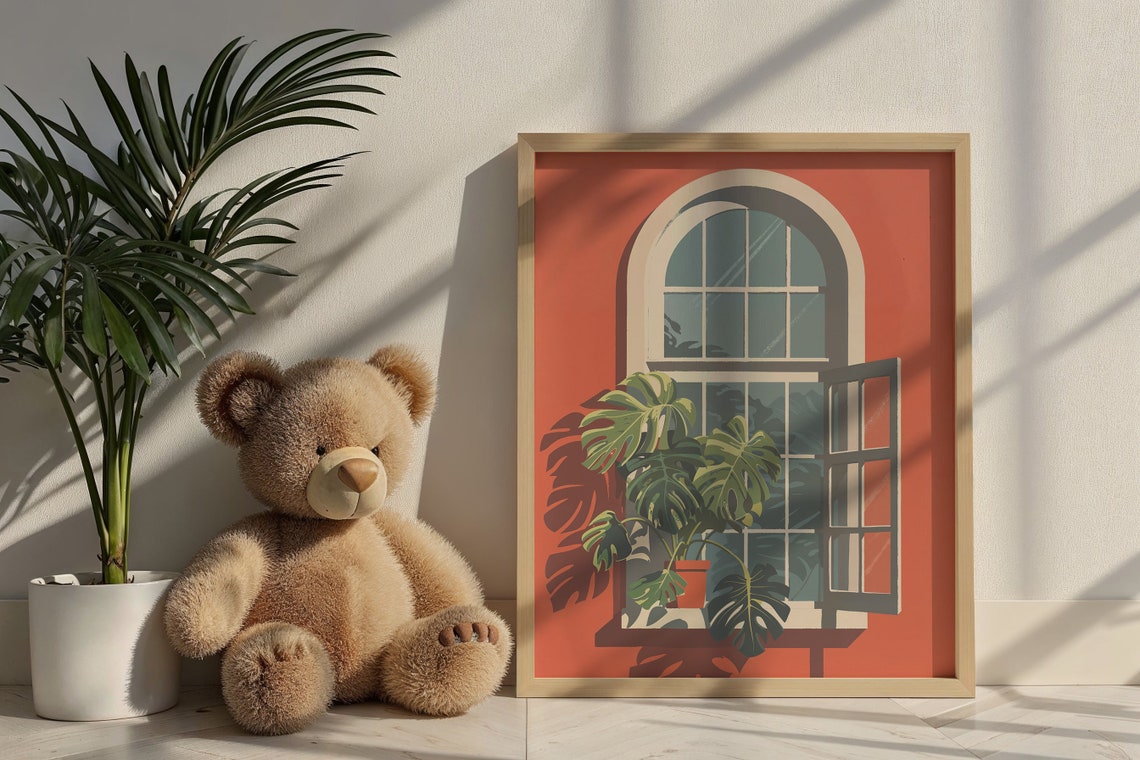 Monstera Plants Arched Open Window Terracotta Wall Tropical Poster - Image 6