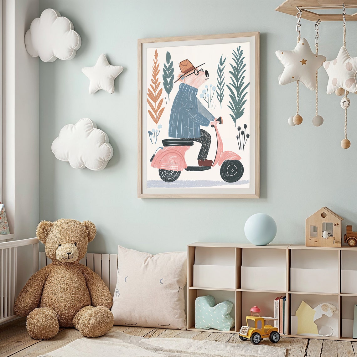 Bear Riding Pink Scooter Nursery Poster Hat Glasses Playful Kids Art - Image 2