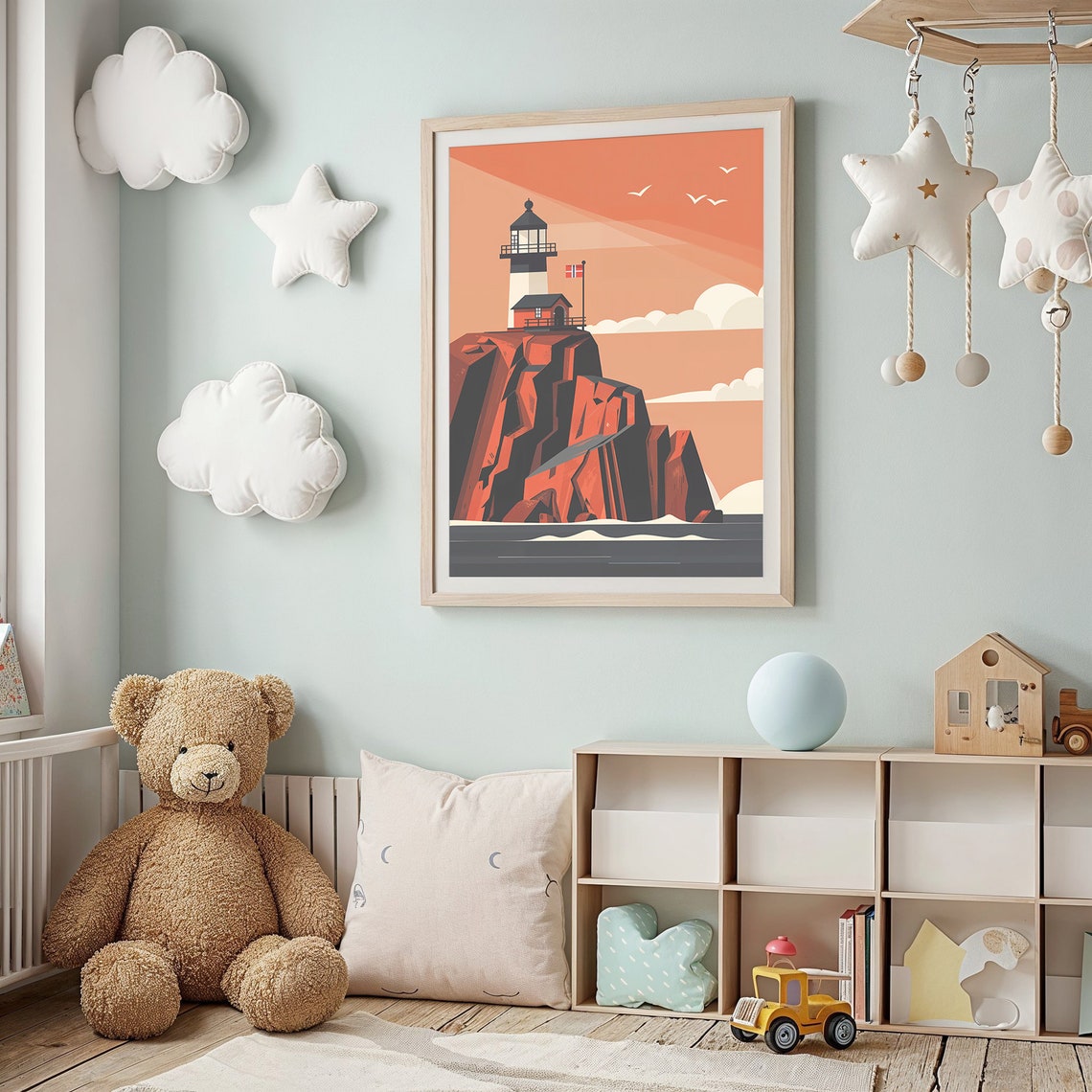Black White Lighthouse Red Rocky Cliff Sunset Ocean Nursery Poster - Image 3