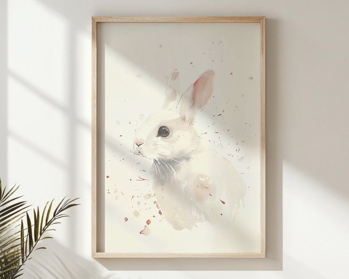 White Bunny Watercolor Portrait Minimalist Neutral Nursery Poster