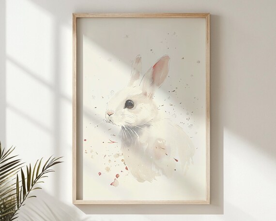 White Bunny Watercolor Portrait Minimalist Neutral Nursery Poster