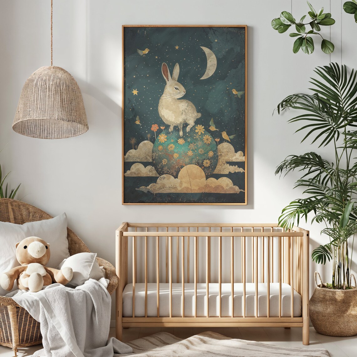 Moonlit Bunny Birds Nursery Art Print, Celestial Rabbit - Image 2