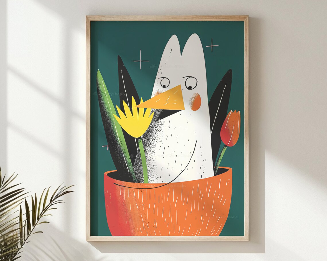 Quirky Chicken Flower Pot Tulips Bold Cartoon Kids Room Poster