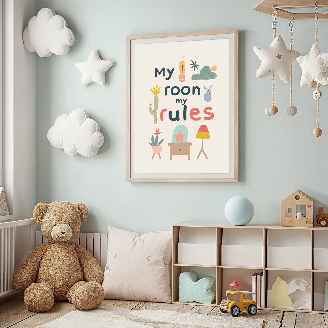 My Room My Rules Playful Lettering Cactus Alpaca Kids Bedroom Poster - Image 3