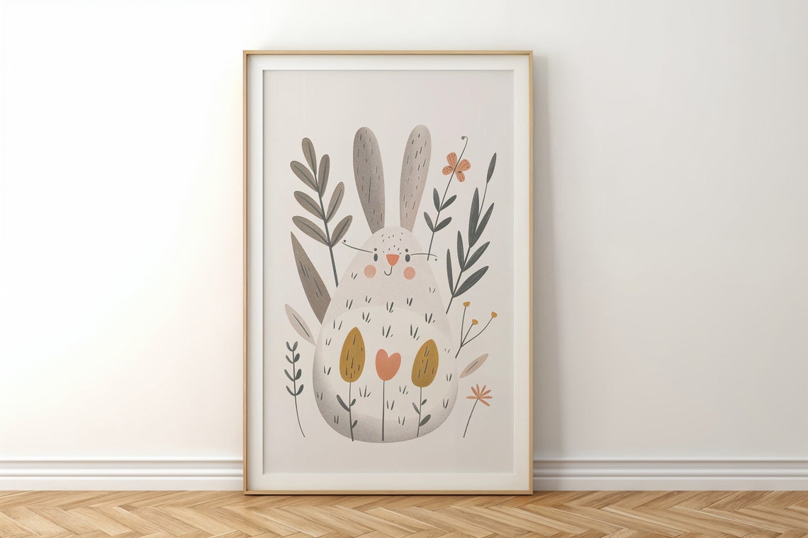 Smiling Chubby Bunny Modern Floral Garden Nursery Wall Art Poster