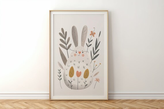 Smiling Chubby Bunny Modern Floral Garden Nursery Wall Art Poster
