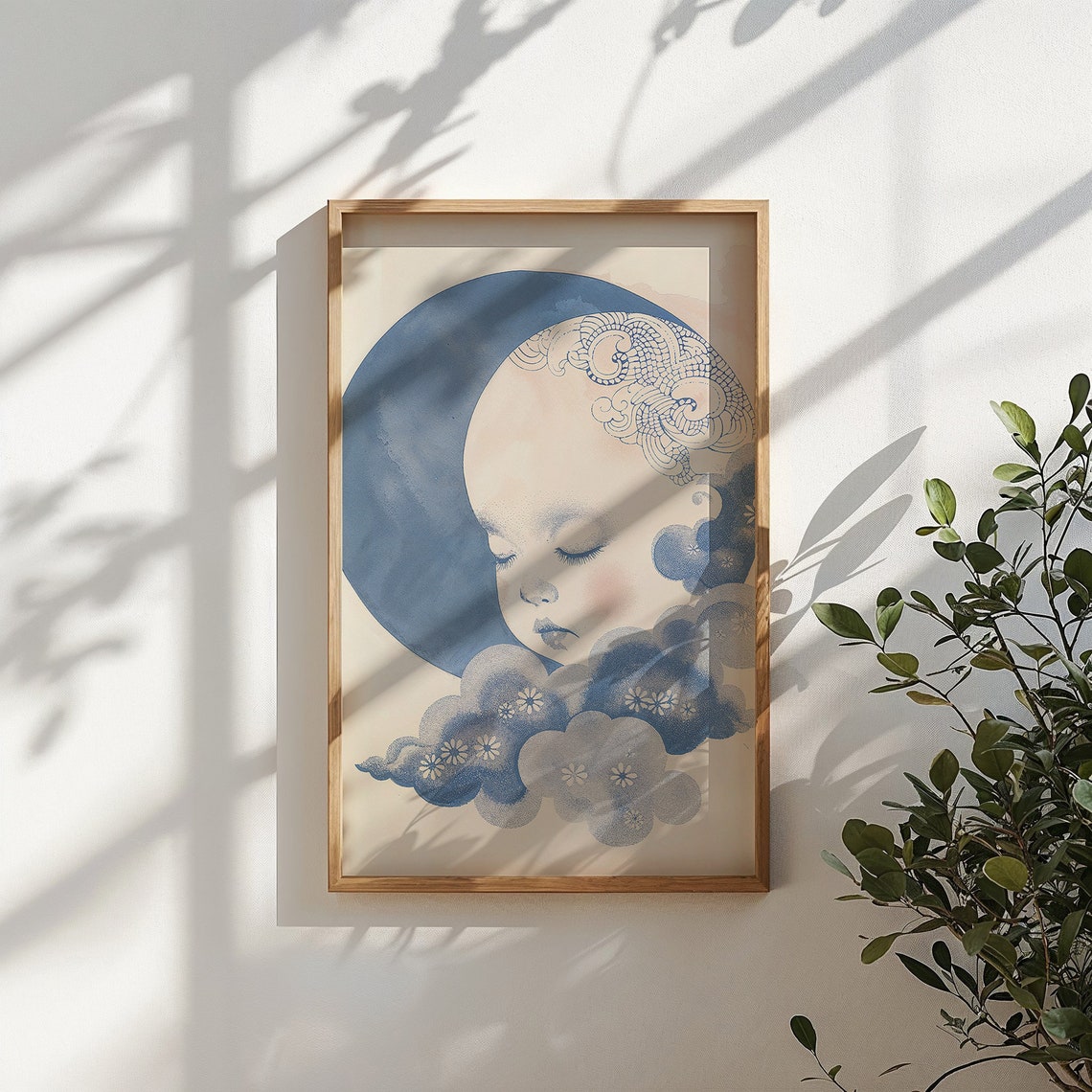 Dreamy Sleeping Baby Face On Blue Full Moon With Flower Clouds Poster - Image 4