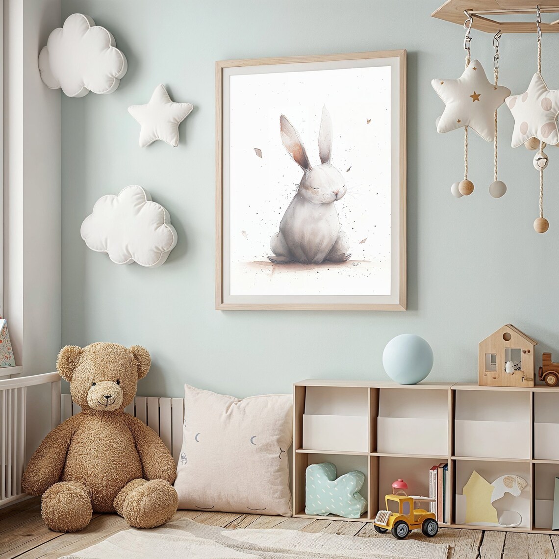 Sleepy White Bunny Watercolor Soft Neutral Nursery Kids Room Art Poster - Image 2