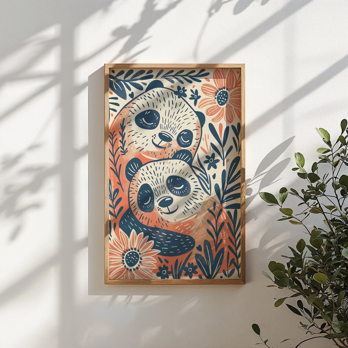 Two Pandas Floral Botanical Illustration Orange Navy Kids Wall Art Poster - Image 4