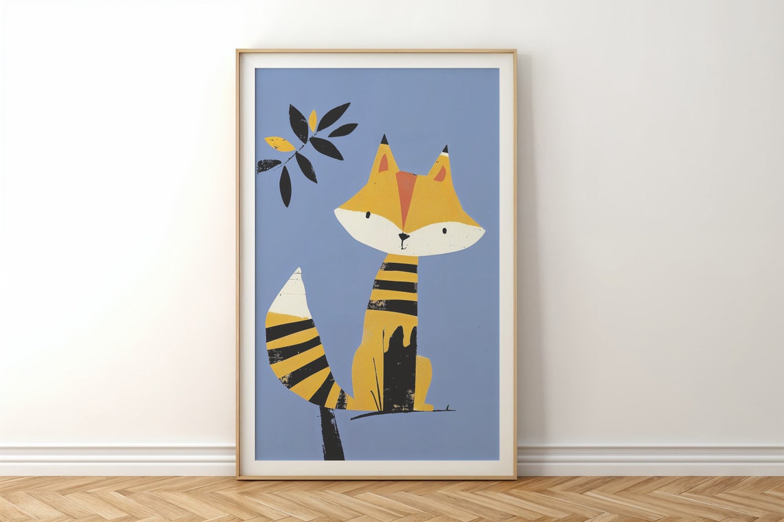 Stylized Yellow Fox On Blue Background Nursery Kids Room Animal Poster - Image 3