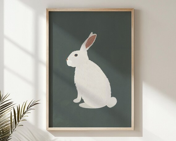 White Bunny On Forest Green Background Minimalist Nursery Animal Poster