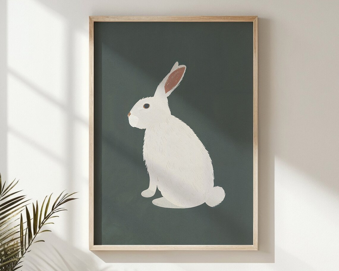 White Bunny On Forest Green Background Minimalist Nursery Animal Poster