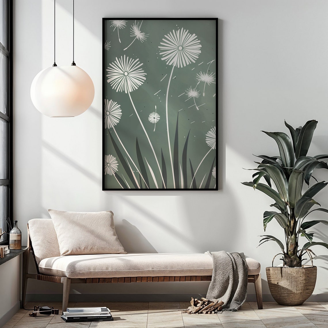Delicate White Dandelions Sage Green Botanical Wall Art Poster