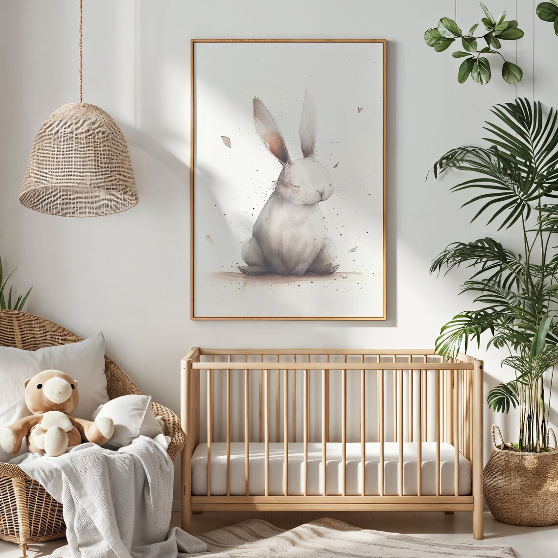 Sleepy White Bunny Watercolor Soft Neutral Nursery Kids Room Art Poster - Image 3