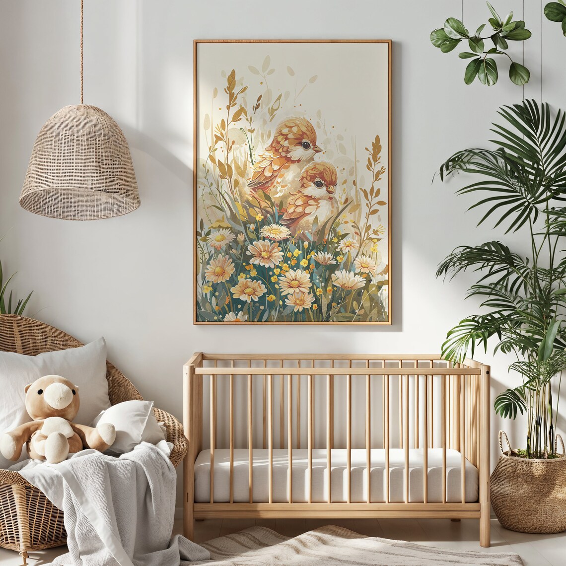 Two Baby Birds Daisy Meadow Watercolor Floral Spring Nursery Poster - Image 2