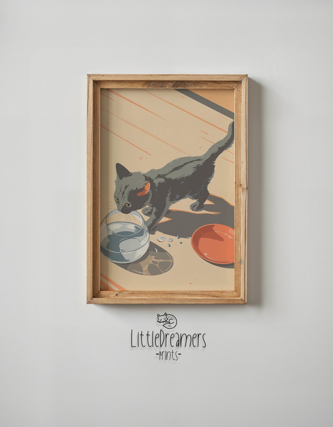 Grey Kitten Drinking Water Glass Orange Dish Sunbeam Nursery Poster - Image 4